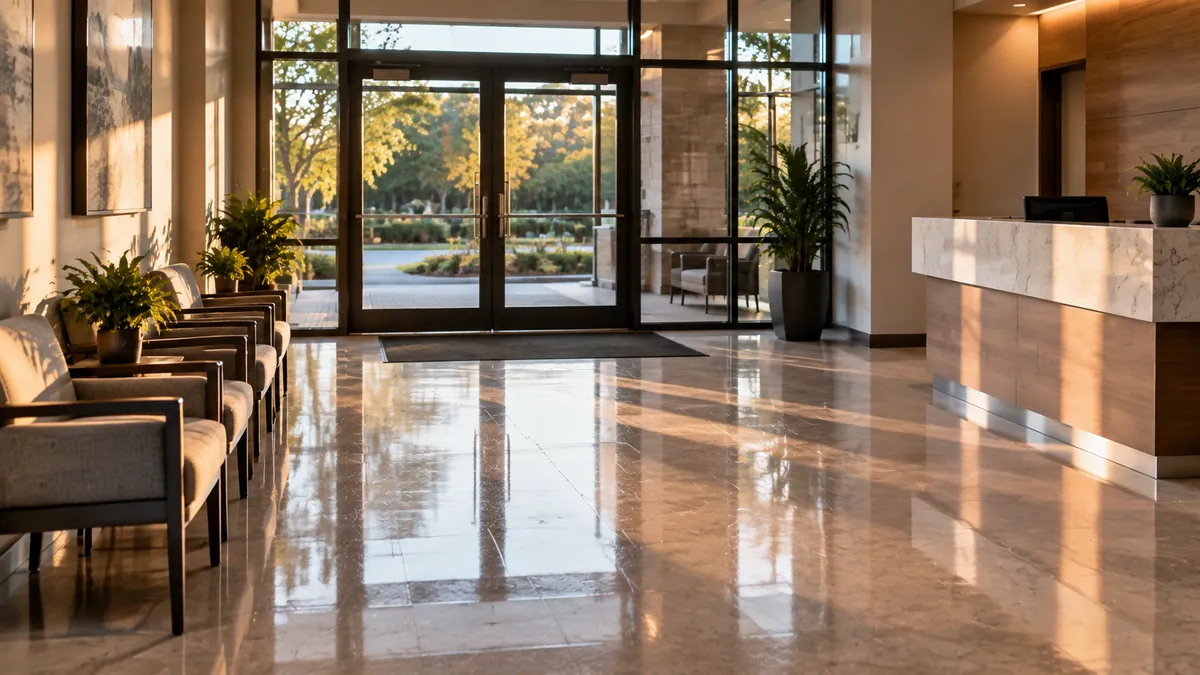 A clean office break room with wiped tables, a spotless sink and counter, an emptied trash bin and a mopped floor