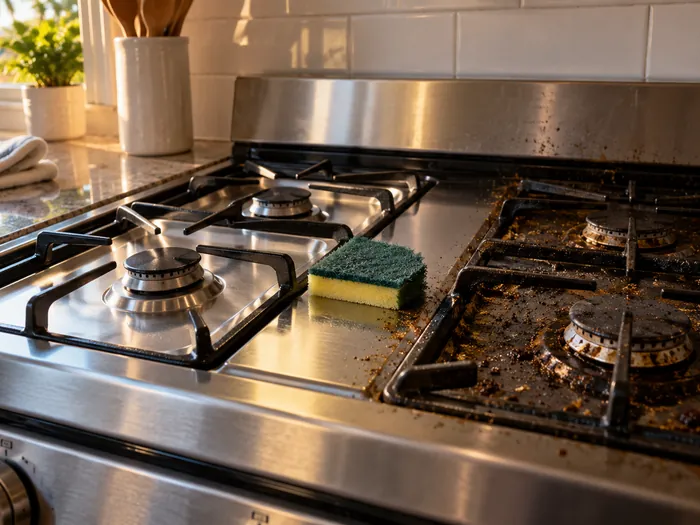 A stovetop halfway through cleaning, the left burners scrubbed bright and the right side still coated in baked-on grease, a scrub pad between them