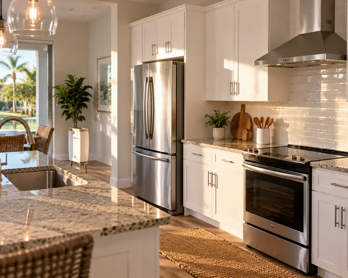 A kitchen with wiped cabinet fronts, a degreased stovetop and a clear counter.