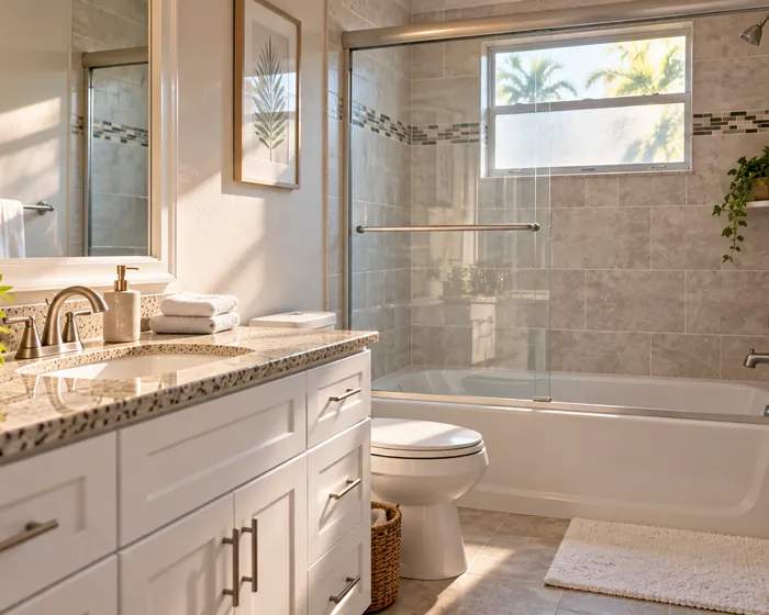 A tub and tile surround with bright grout and a glass door free of water spots.
