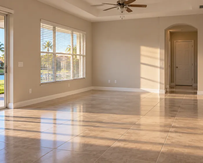 An empty living room with a mopped tile floor, wiped baseboards and dusted blinds.