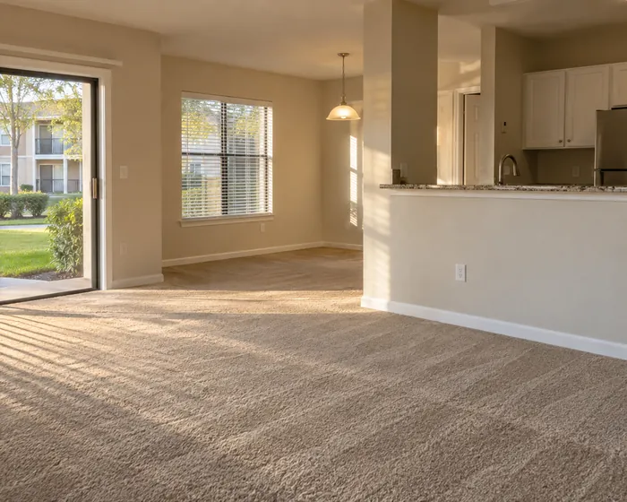 An apartment living area with vacuumed carpet, dusted blinds and a clean kitchen pass-through.