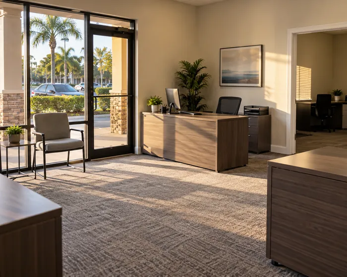 A small office with wiped desks, tucked chairs and a vacuumed carpet.