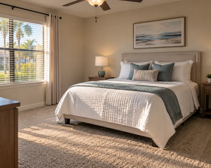 A guest bedroom with a made bed, dusted ceiling fan and clear nightstands.