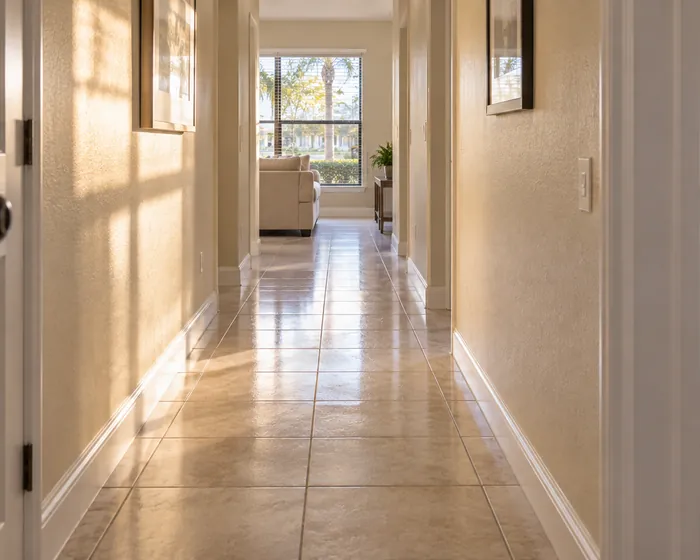 A tiled hallway with clean grout and wiped baseboards along both walls.